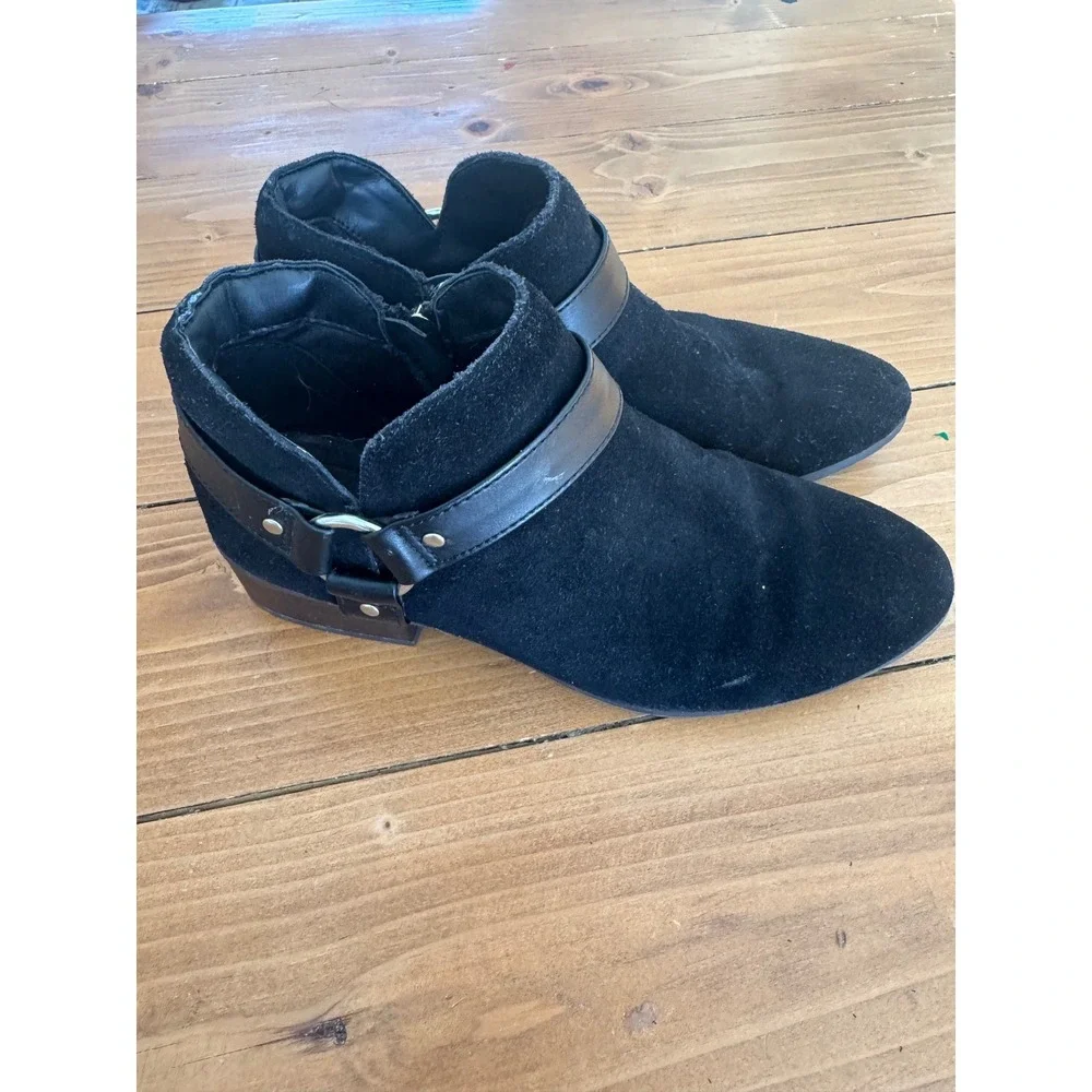 Black Suede Harness Ankle Boots‎ Pointed Toe Block Heel Side Zip Booties